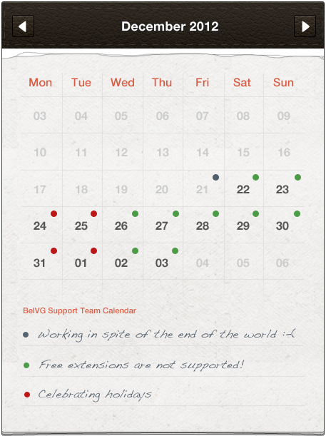 Support Team Holidays Work Schedule