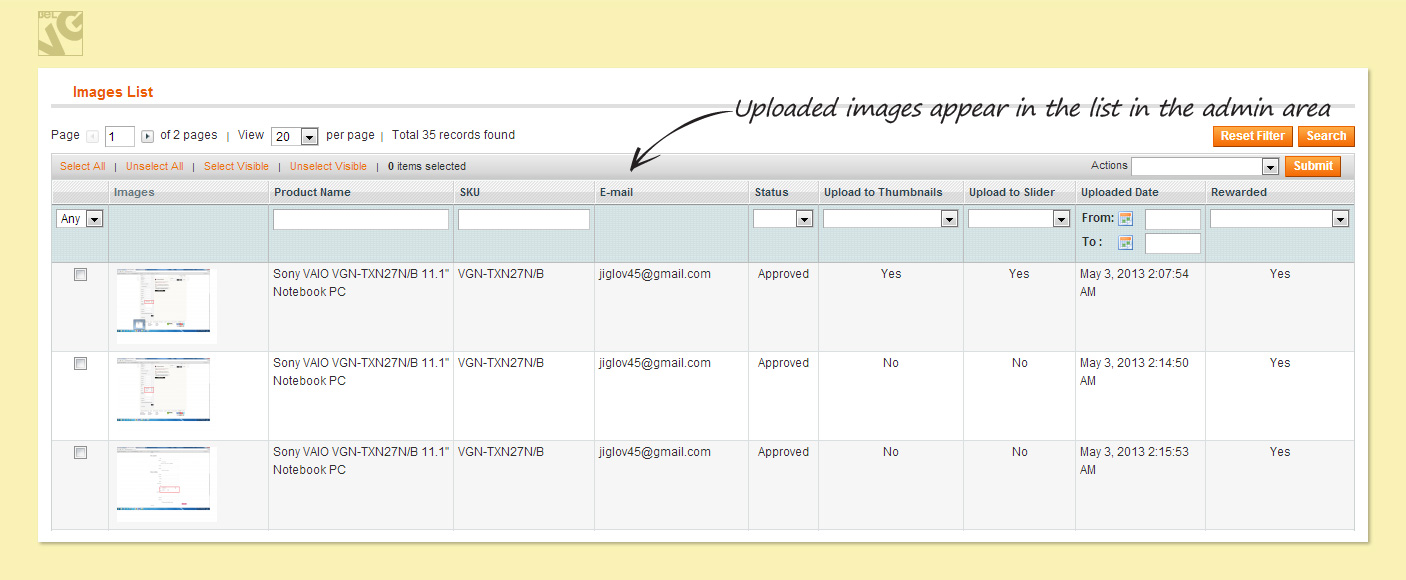 Uploaded images appear in the list in the admin area