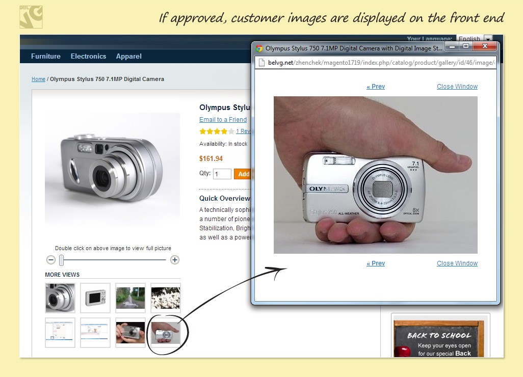 If approved, customer images are displayed on the front end