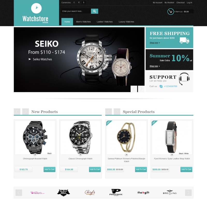 Magento free theme for a watch store