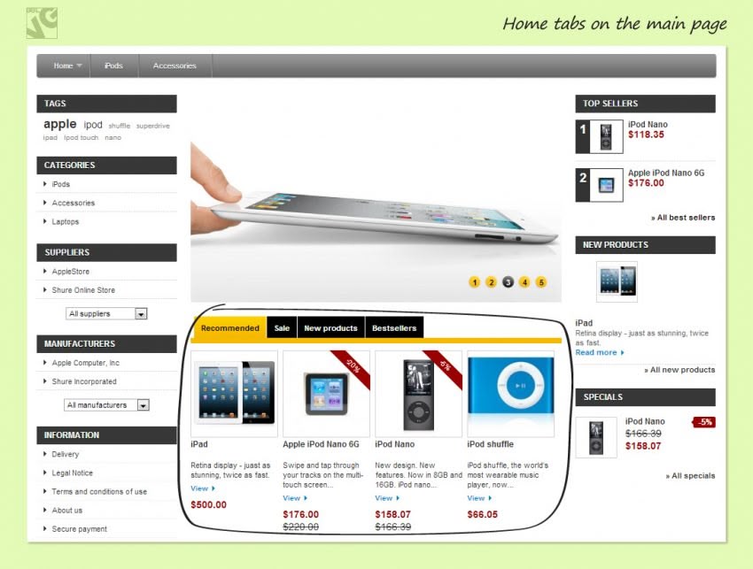 Home tabs on the main page