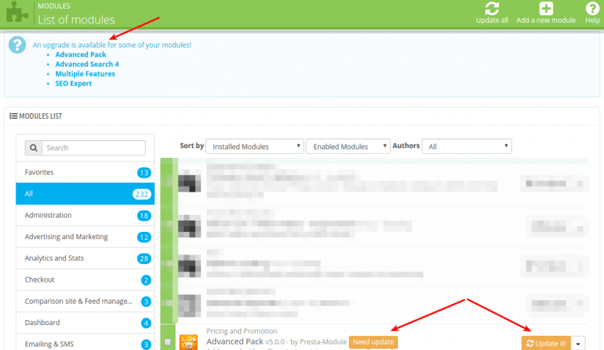 How to hide notifications about modules' updates in Prestashop