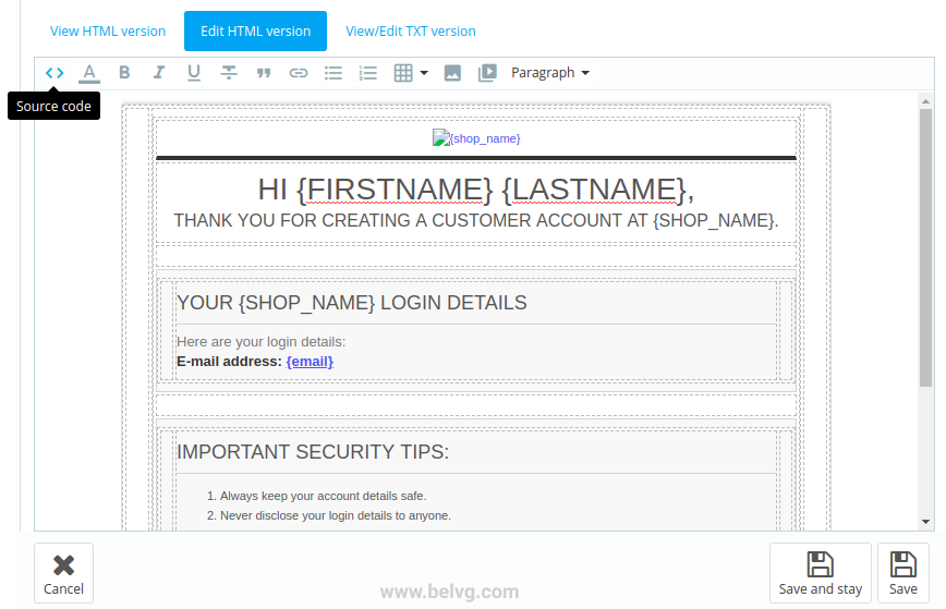 disable Source code in prestashop 8 edit email template