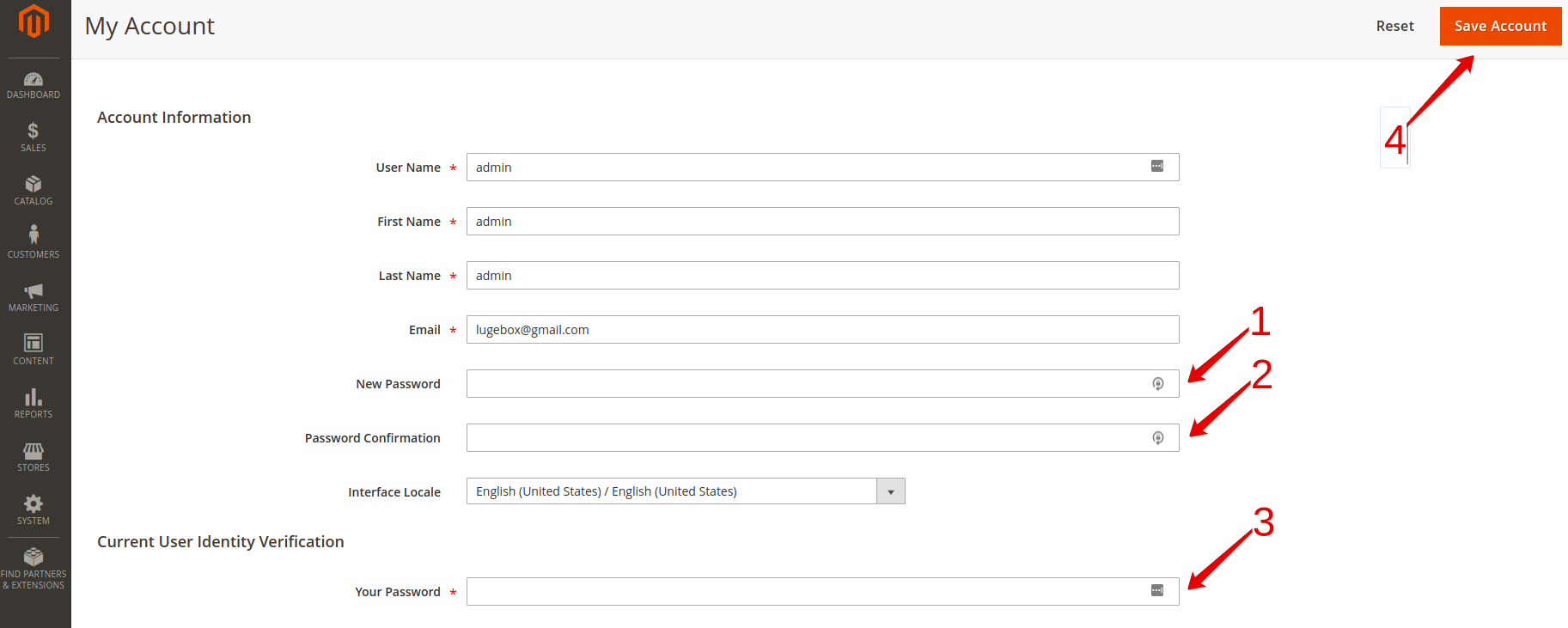 Changing password on the Admin panel