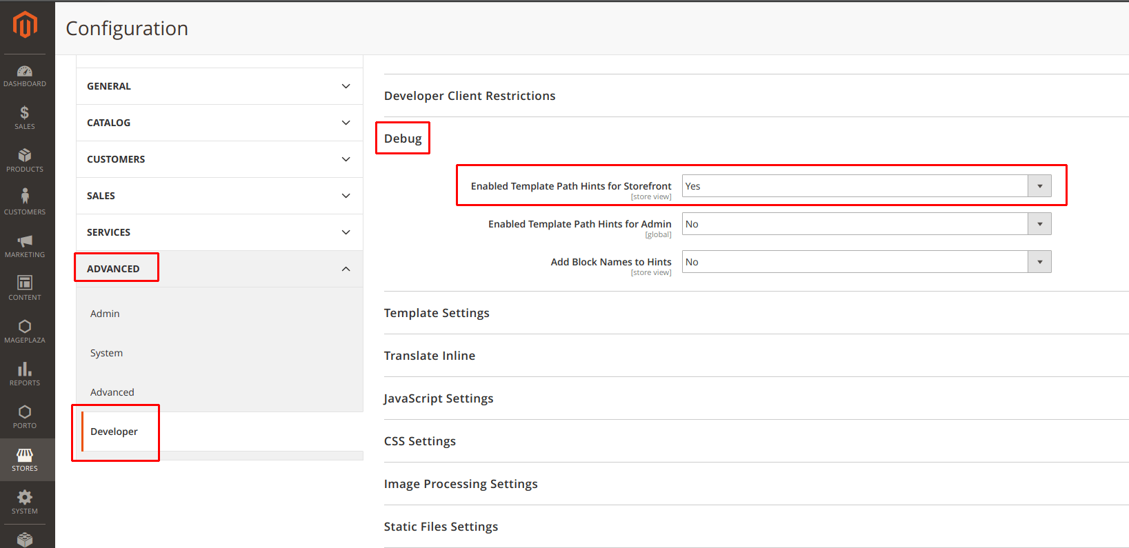 Advanced ➜ Developer section on the admin panel in Magento 2