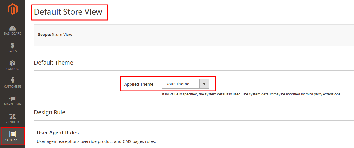 Configuring site design using options found under Content > Design > Configuration