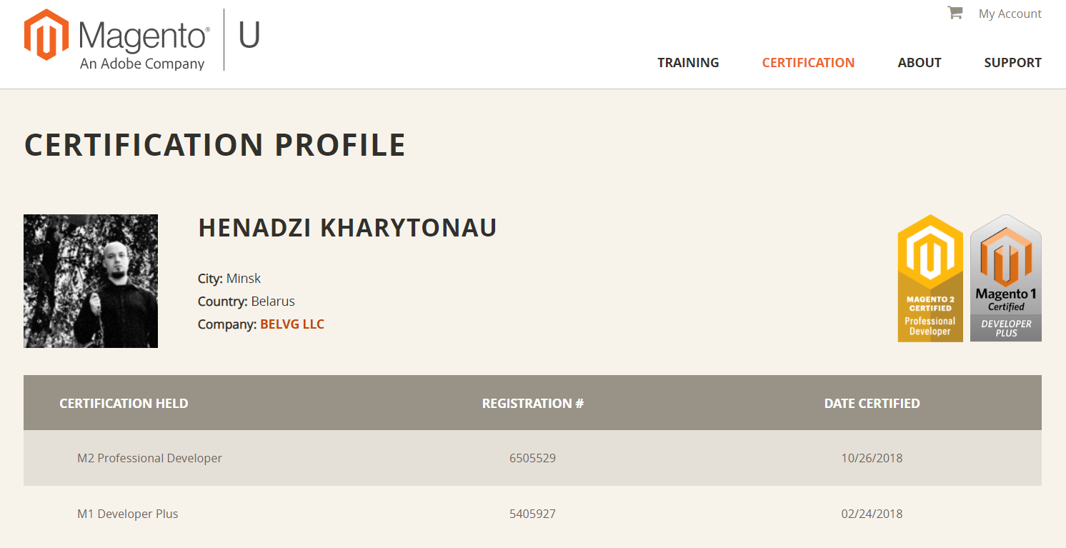 Genadiy Haritonov Magento 2 professional developer certification