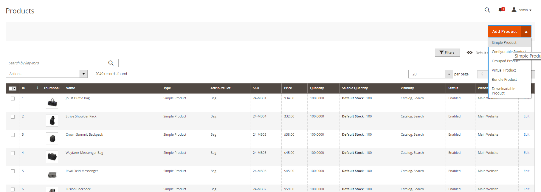 products page magento 2