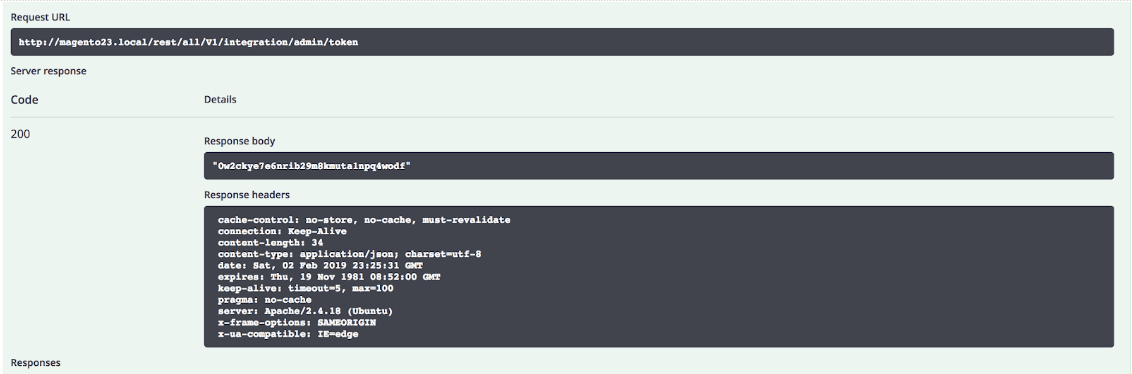 Example response in Swagger Magento api