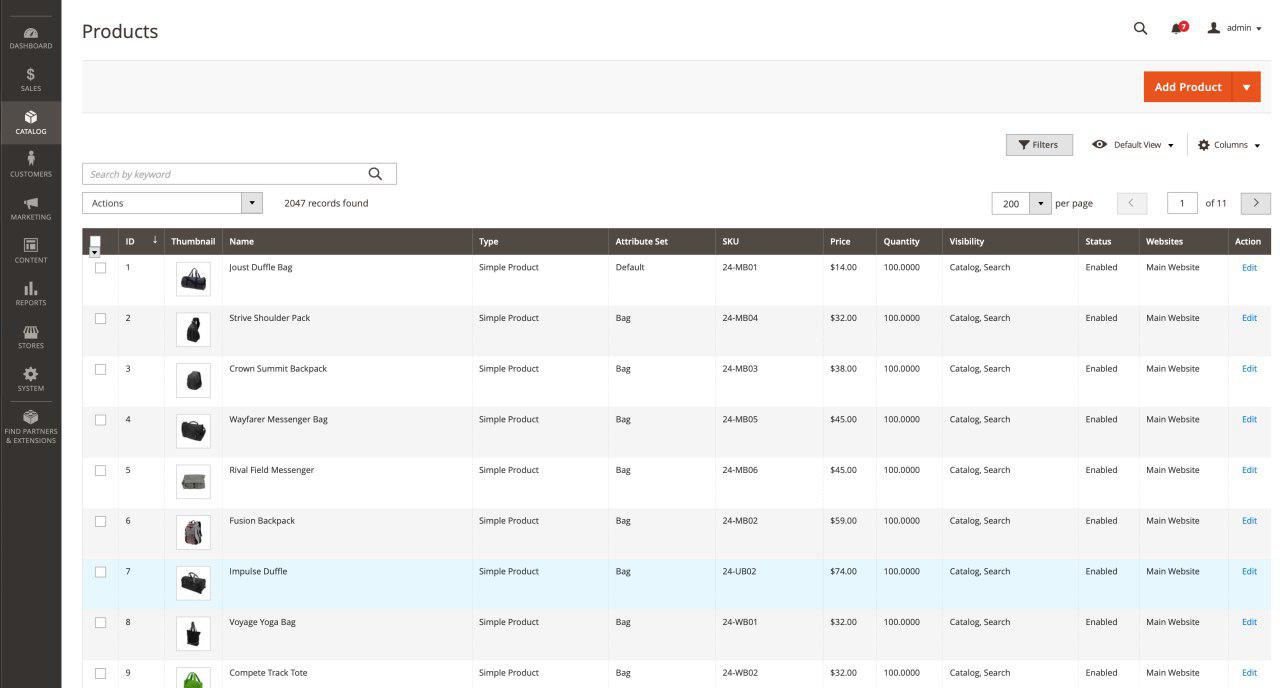 product dashboard magento