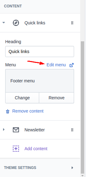 quick links edit shopify menu how to remove powered by shopify