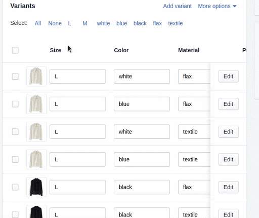 duplicate shopify variants for different options