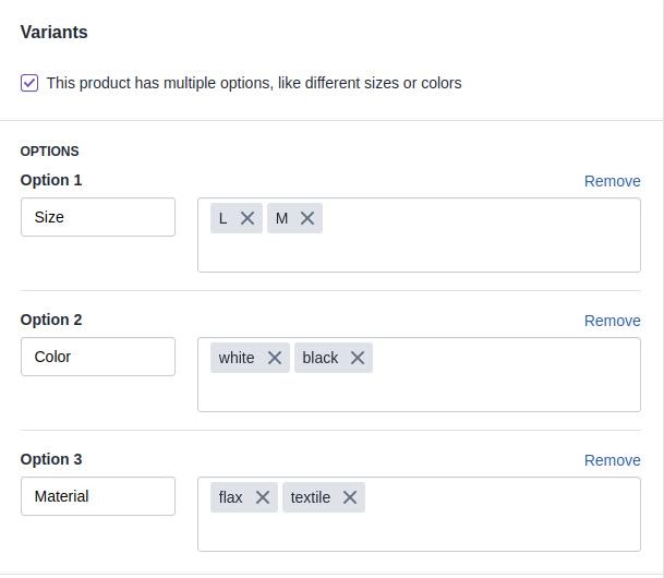 shopify product variants configuration