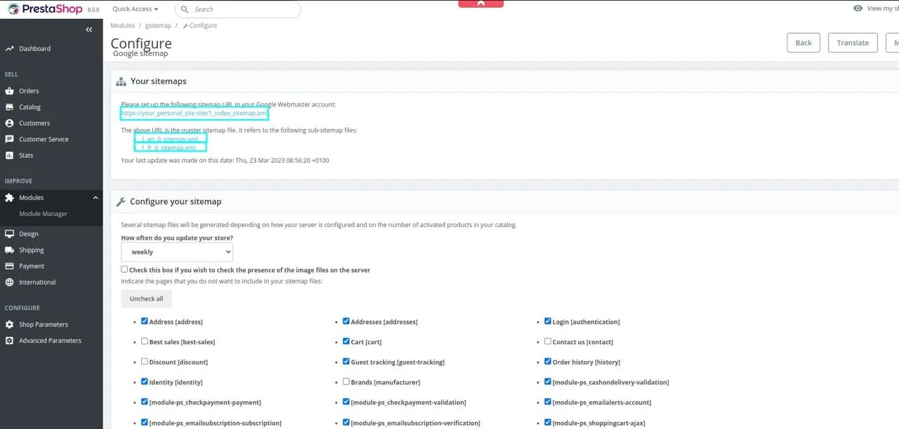 How To Generate A Sitemap In PrestaShop 8 & Add it to Google Search Console step 4 prestashop config