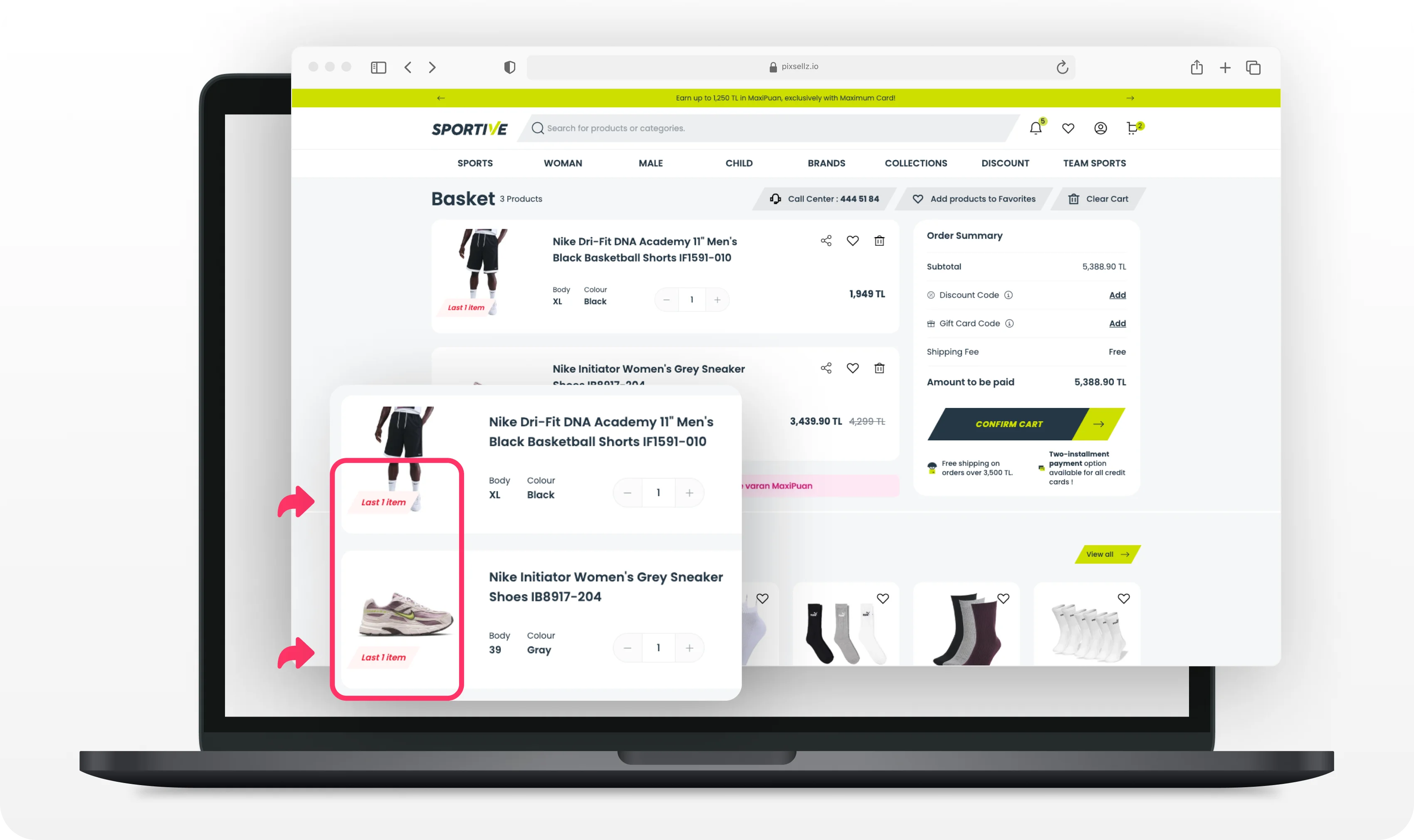 Cart showing remaining stock for selected item