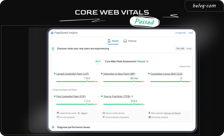 Webpage loads fast - Core Web Vitals Passed
